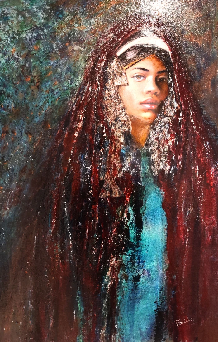 Peinture acrylique de Farida Sellal : portrait d'une femme touarègue au regard déterminé, vêtements rouges et bleus