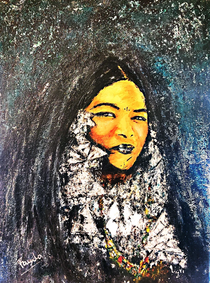 Peinture acrylique de Farida Sellal : femme touarègue debout, dignité et fierté dans son regard