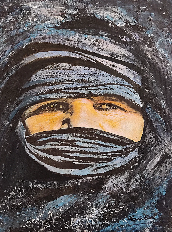Peinture acrylique de Farida Sellal : homme touareg dont le visage est encadré par le taguelmoust bleu, seuls les yeux apparaissent