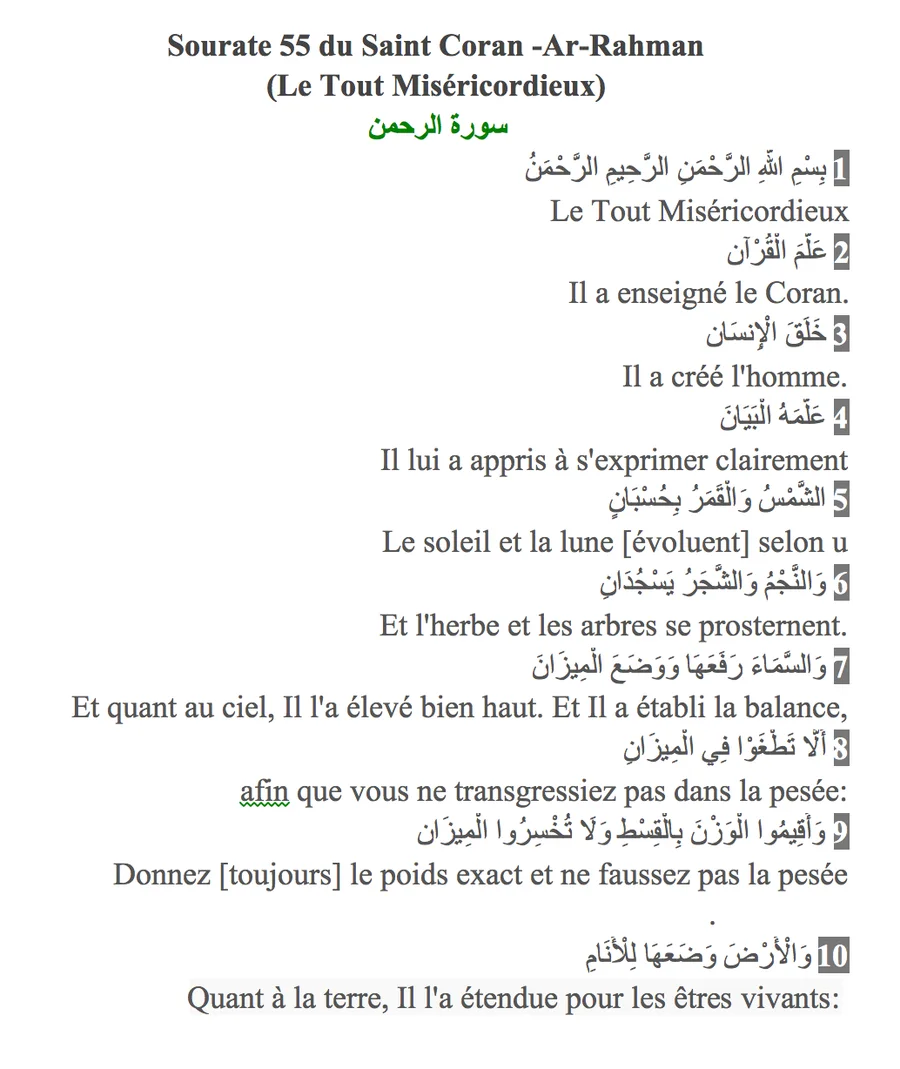 Sourate Er-Rahman — calligraphie de la famille Sellal