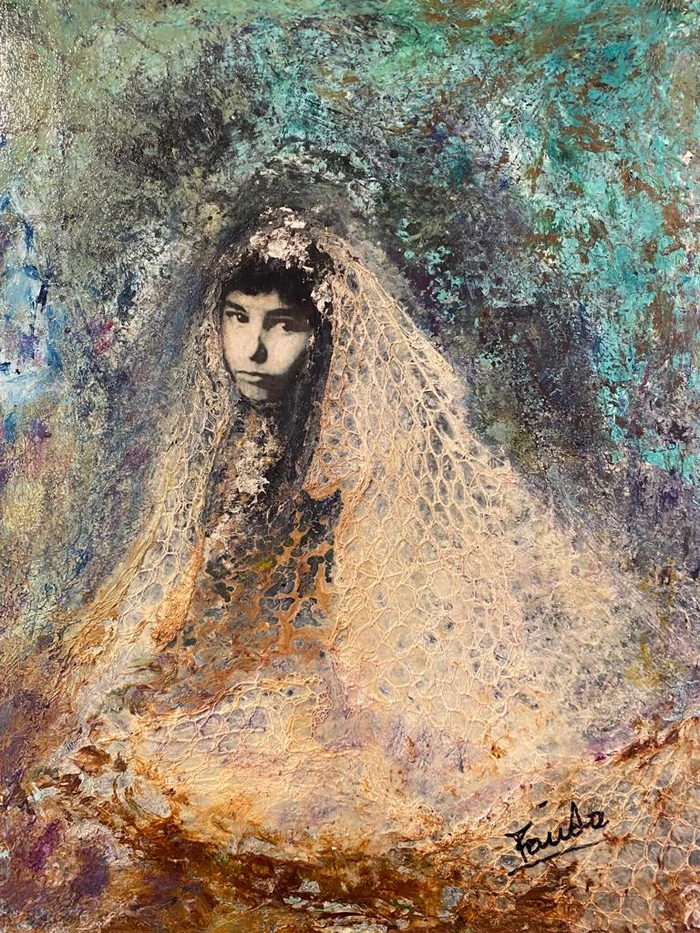Peinture acrylique de Farida Sellal : autoportrait de l'artiste enfant dans le désert algérien