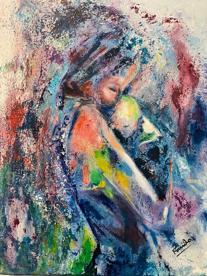 Peinture acrylique de Farida Sellal : représentation tendre d'une mère et son enfant dans les tonalités chaudes du désert